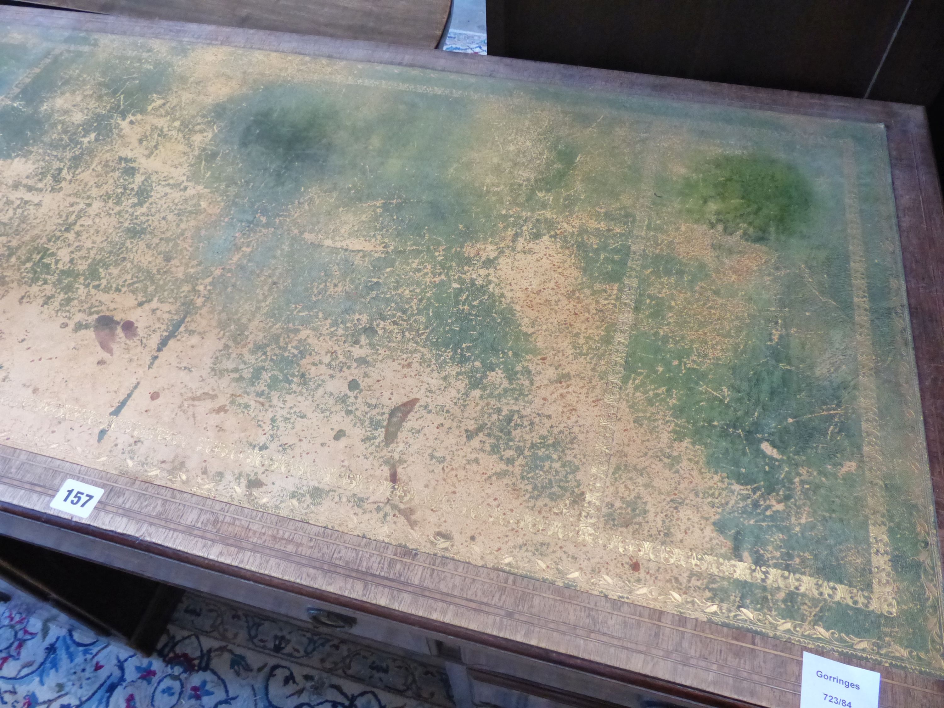 An Edwardian satinwood banded marquetry inlaid mahogany pedestal desk, width 121cm, depth 60cm, height 73cm